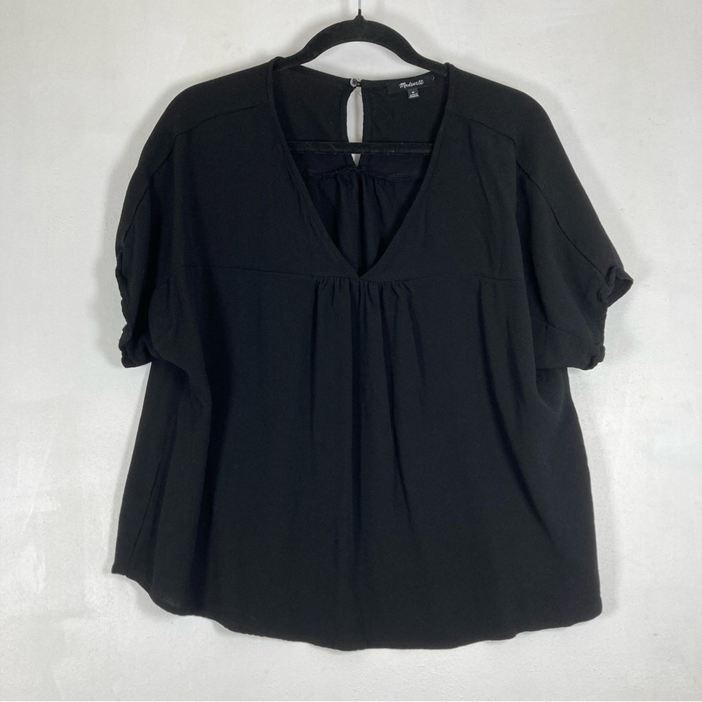 Madewell Blouse Women’s Viscose Shirred Black V-Neck Short Sleeve Back Keyhole M